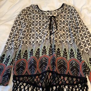 Monteau Small Women’s Fringe Blouse Tie-Front Colorful Patterned